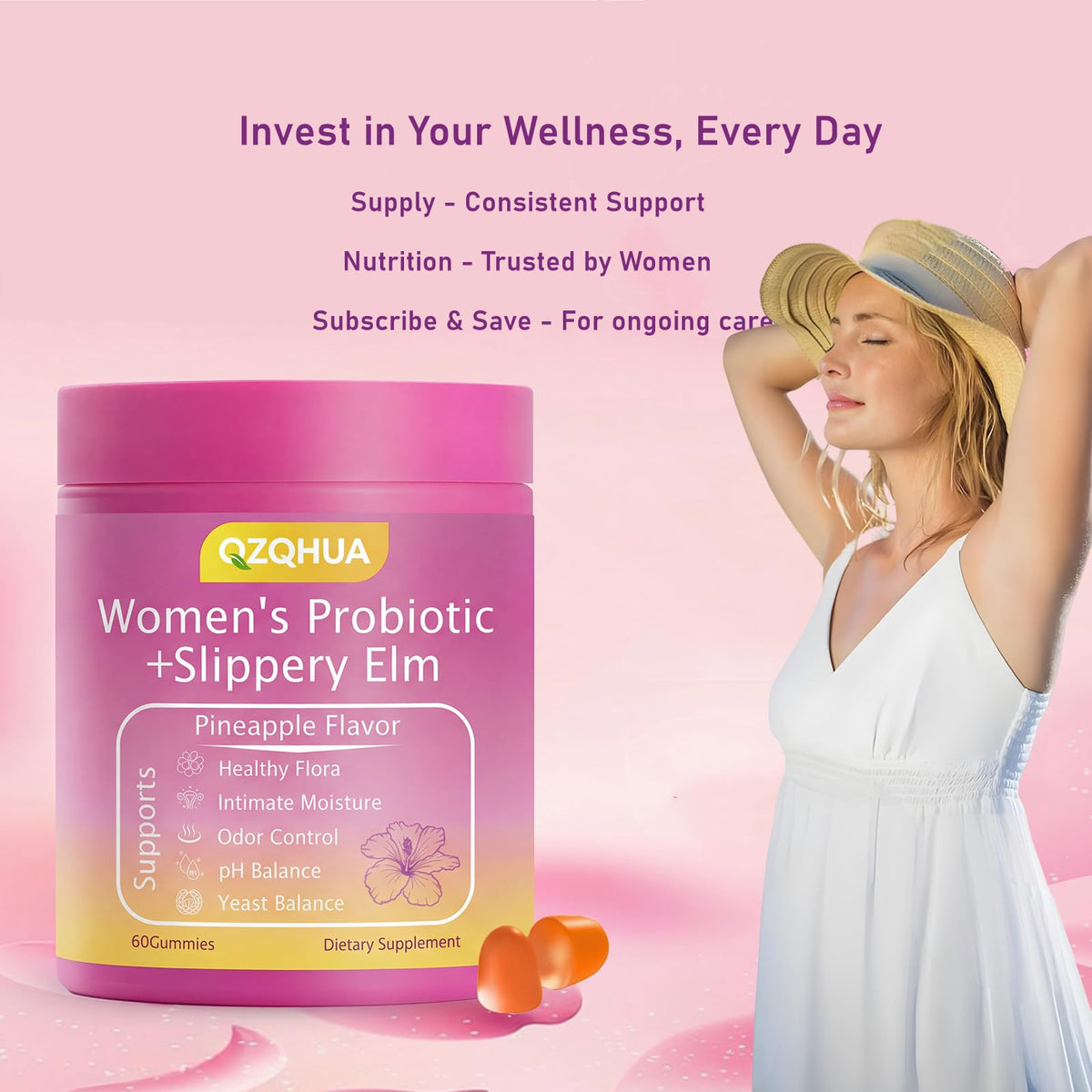 Women's Probiotics Gummies with Slippery Elm – Vaginal Health, Gut Health & pH Balance Support, Pineapple Flavor – Gluten Free, Vegan (30 Servings)（Q2）