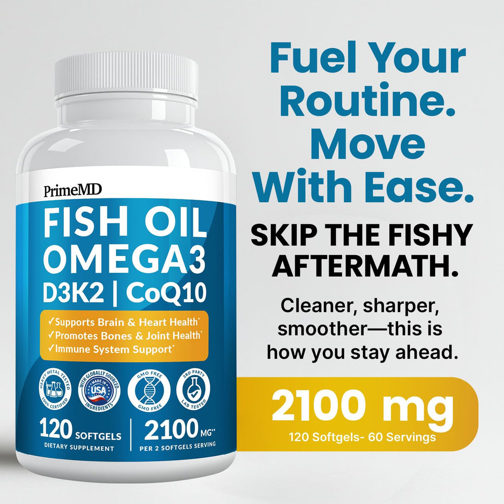 PrimeMD 4-in-1 Fish Oil Omega-3 with D3 K2 CoQ10, Lemon, 120 Softgels | Heart, Brain and Joint Support, Omega 3 with Vitamin D3, K2 and CoQ10, Lemon Flavored Softgels, Fish Oil Supplement