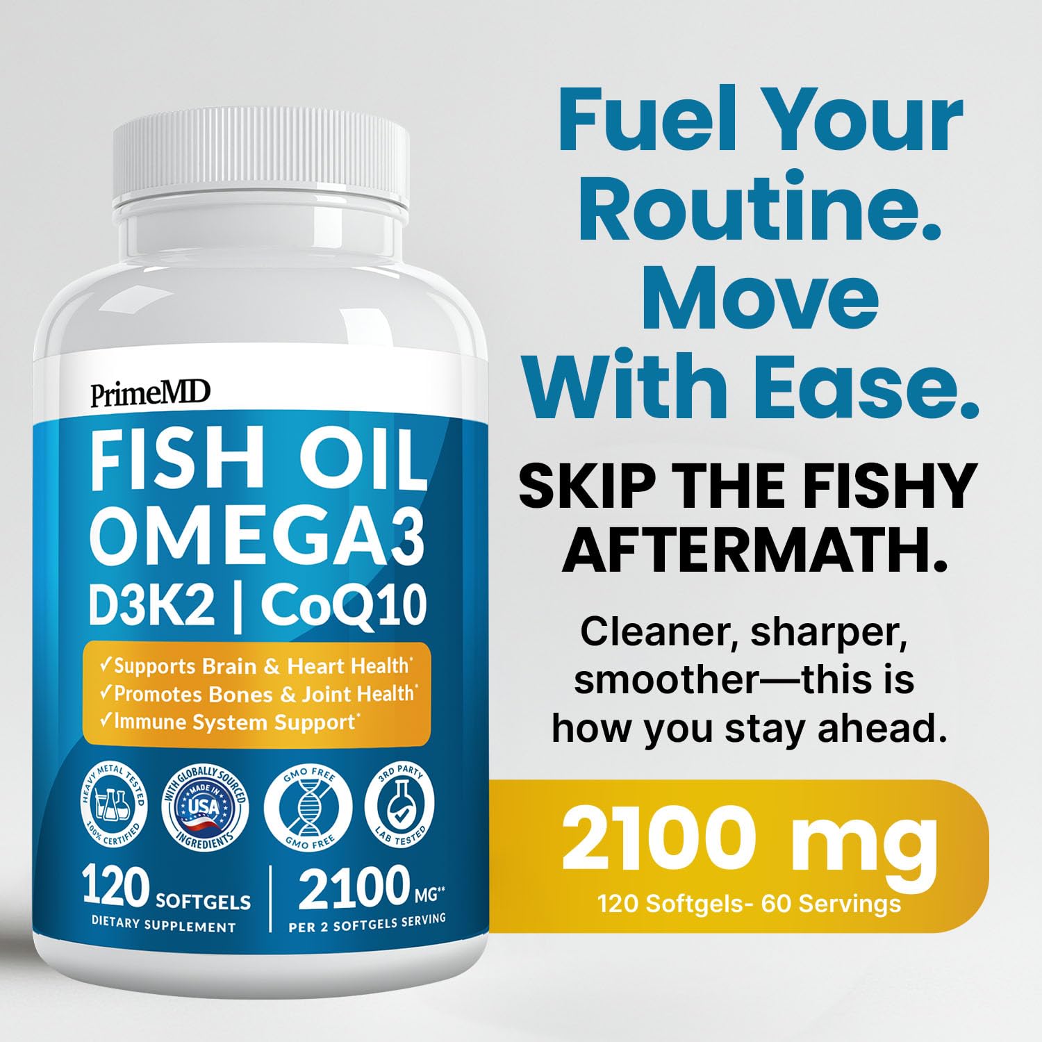 PrimeMD 4-in-1 Fish Oil Omega-3 with D3 K2 CoQ10, Lemon, 120 Softgels | Heart, Brain and Joint Support, Omega 3 with Vitamin D3, K2 and CoQ10, Lemon Flavored Softgels, Fish Oil Supplement