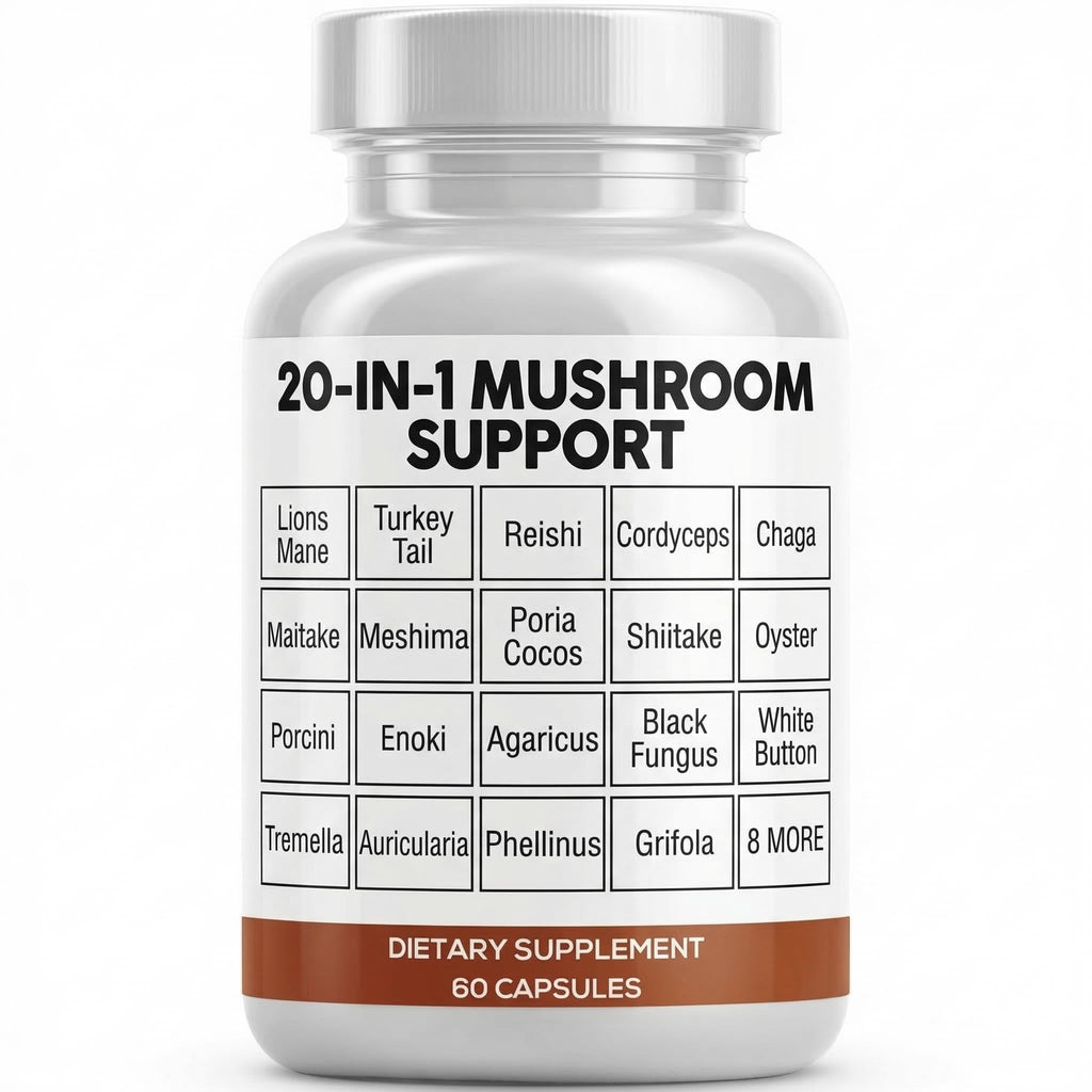 Clean Nutraceuticals Lions Mane 20in1 Mushroom Supplement with Turkey Tail Reishi Cordyceps Chaga Maitake Meshima Poria Cocos Shiitake Oyster Porcini Enoki - 1 Pack