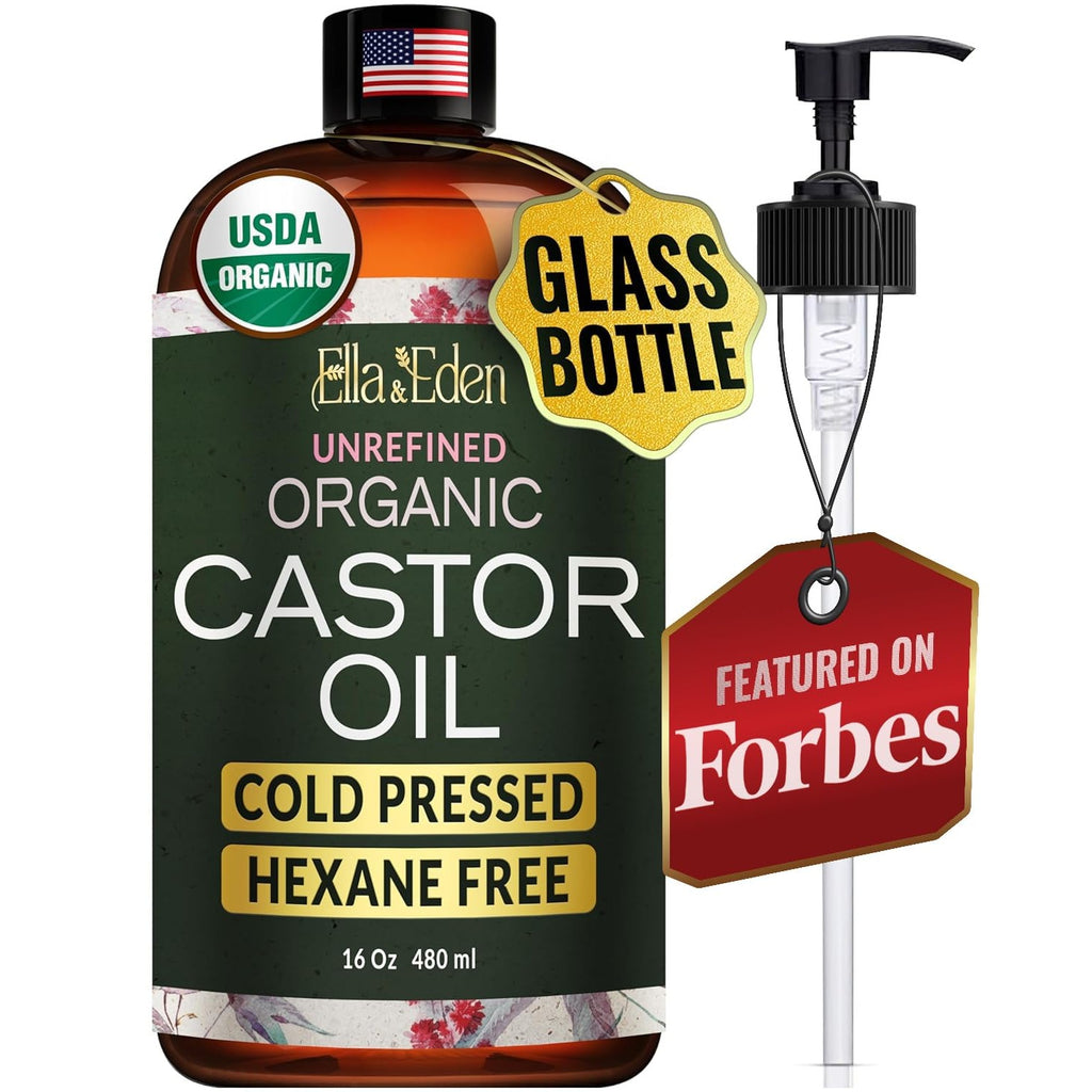 USDA Organic Castor Oil, 100% Pure Cold-Pressed Hexane-Free, 16 Oz | For Hair Growth, Stomach, Fuller Lashes & Brows, Skin Nourishment – Ricinoleic Fatty Acids, Unrefined, Glass Bottle with Pump