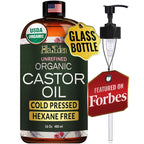 USDA Organic Castor Oil, 100% Pure Cold-Pressed Hexane-Free, 16 Oz | For Hair Growth, Stomach, Fuller Lashes & Brows, Skin Nourishment – Ricinoleic Fatty Acids, Unrefined, Glass Bottle with Pump