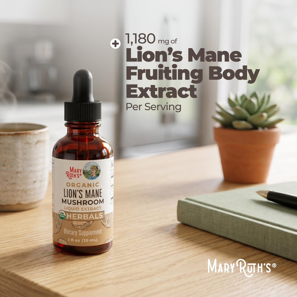 MARYRUTH'S Lions Mane Mushroom Supplement Liquid Drops 1 Fl Oz, Non-GMO | USDA Organic Lions Mane Extract 1,180mg, Nervine Herbal, Brain Health, Focus & Memory, Non-GMO