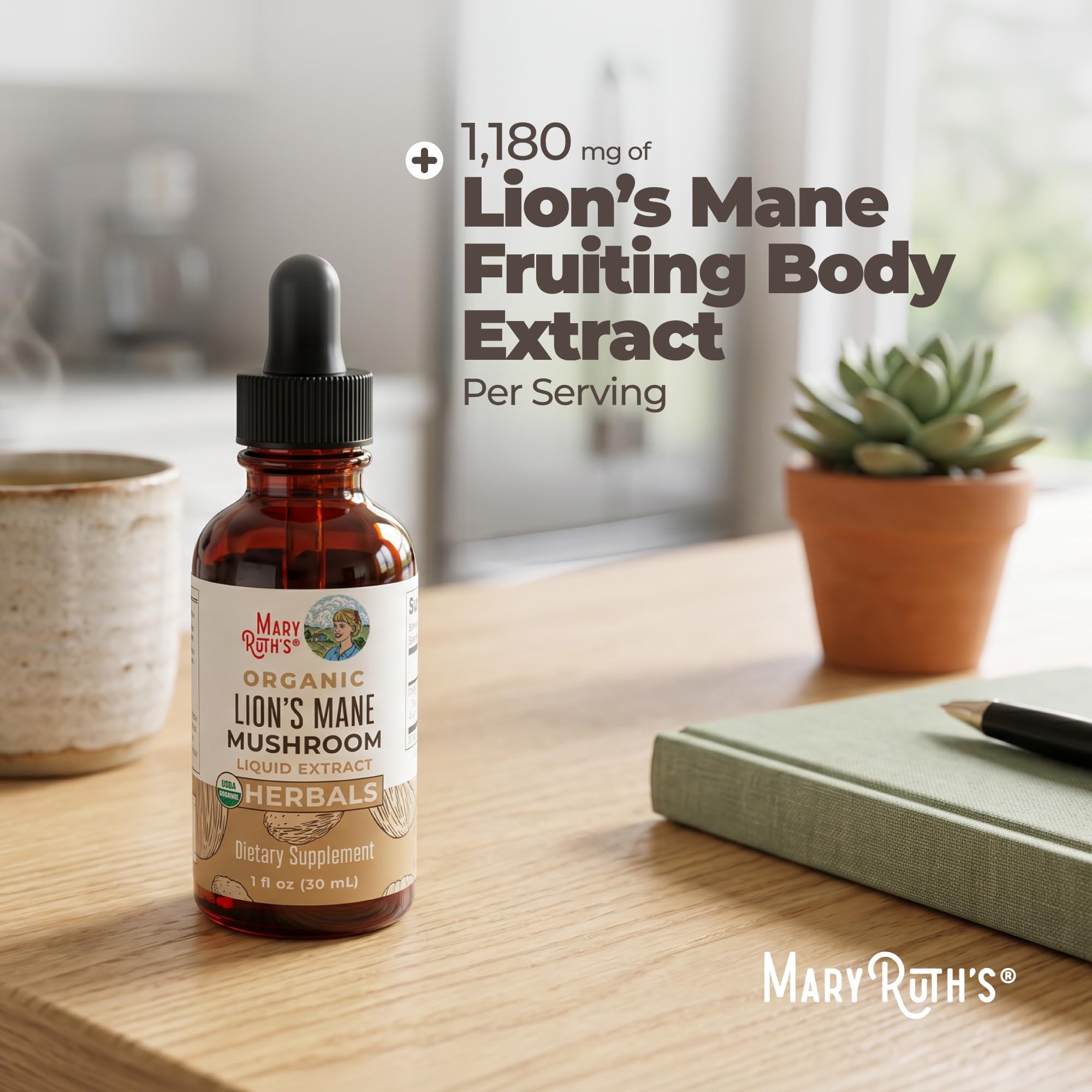 MARYRUTH'S Lions Mane Mushroom Supplement Liquid Drops 1 Fl Oz, Non-GMO | USDA Organic Lions Mane Extract 1,180mg, Nervine Herbal, Brain Health, Focus & Memory, Non-GMO