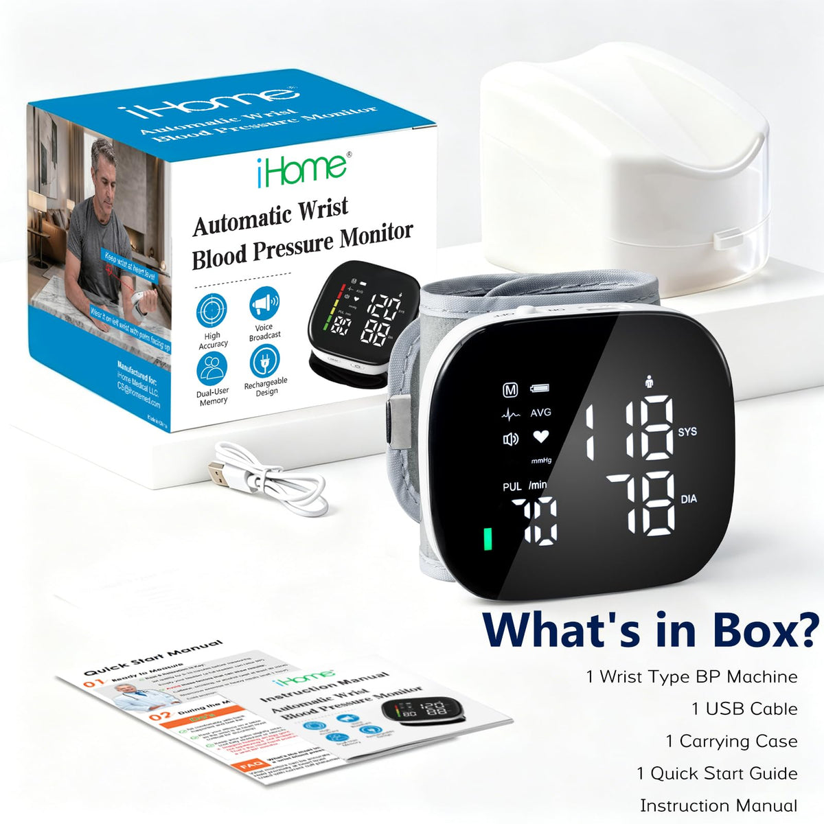 iHome Wrist Blood Pressure Monitor Rechargeable Digital Voice Broadcast LED Backlit BP Machine 199 Memory Storage for 2 Users with Carrying Case for Home Use