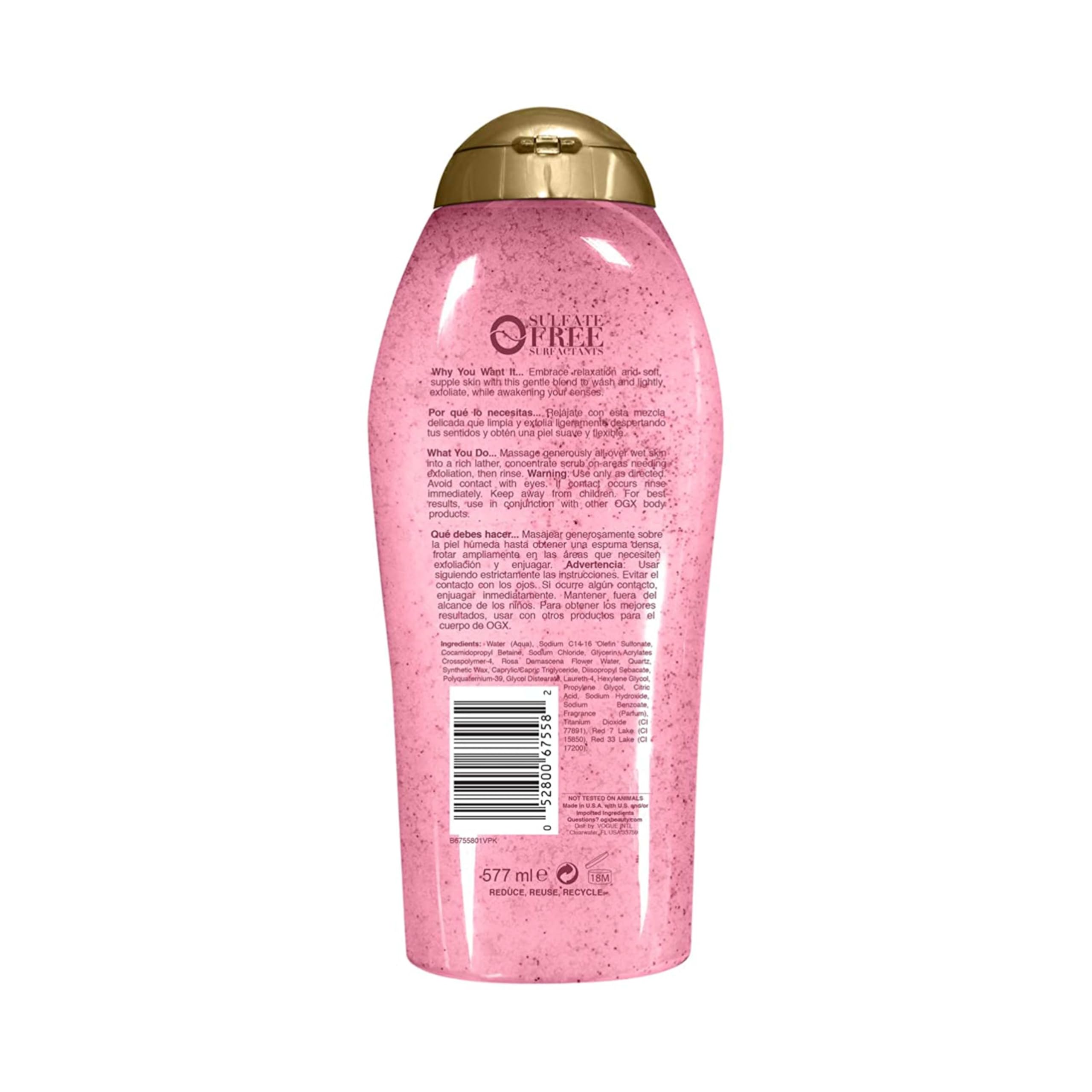 OGX Sensitive + Rose Water & Pink Sea Salt Body Scrub, 19.5 fl oz | Gentle Exfoliating Daily Body Wash, Rose Quartz, Softens Skin, Sulfate-Free Surfactants