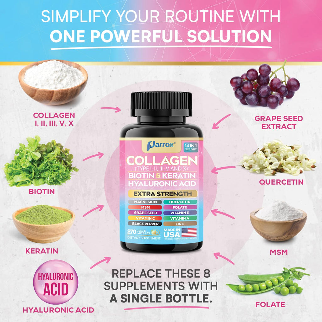 Collagen Peptides Types I, II, III, V & X, Biotin & Keratin, 270 Capsules | With Biotin, Keratin, Hyaluronic Acid, MSM, Zinc, Quercetin, Vitamins A, C, E, Magnesium & Folic Acida