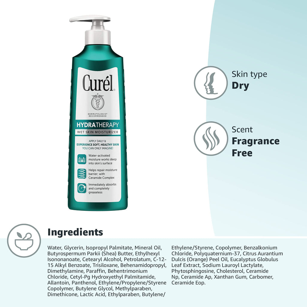 Curel Hydra Therapy In Shower Lotion, Itch Defense Body Moisturizer with Advanced Ceramide Complex, Vitamin E, & Oatmeal Extract, 12 Oz (Pack of 4)