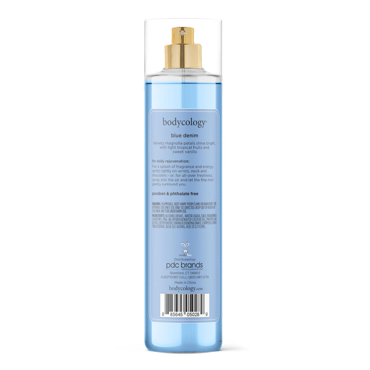 Bodycology Blue Denim Long-Lasting Fragrance Mist in clear packaging with gold accents for a refreshing scent experience.