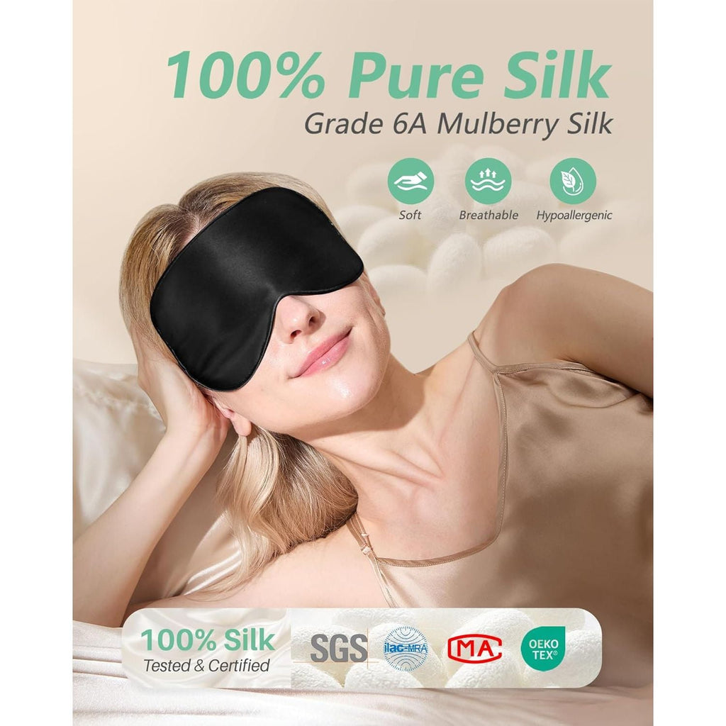Buy now BeeVines Sleep Mask, 2 Pack 100% Real Natural Silk Eye Masks with Adjustable Strap for Sleeping, Mulberry Silk Eye Sleep Shade Cover, Blocks Light Reduces Puffy Eyes Traveling Gifts (Black & Black) at indiglob india