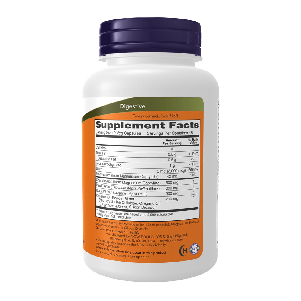 Buy now NOW Supplements, Bacillus Support with Pau D'Arco, Oregano Oil, Black Walnut & Caprylic Acid, 90 Veg Capsules at indiglob india