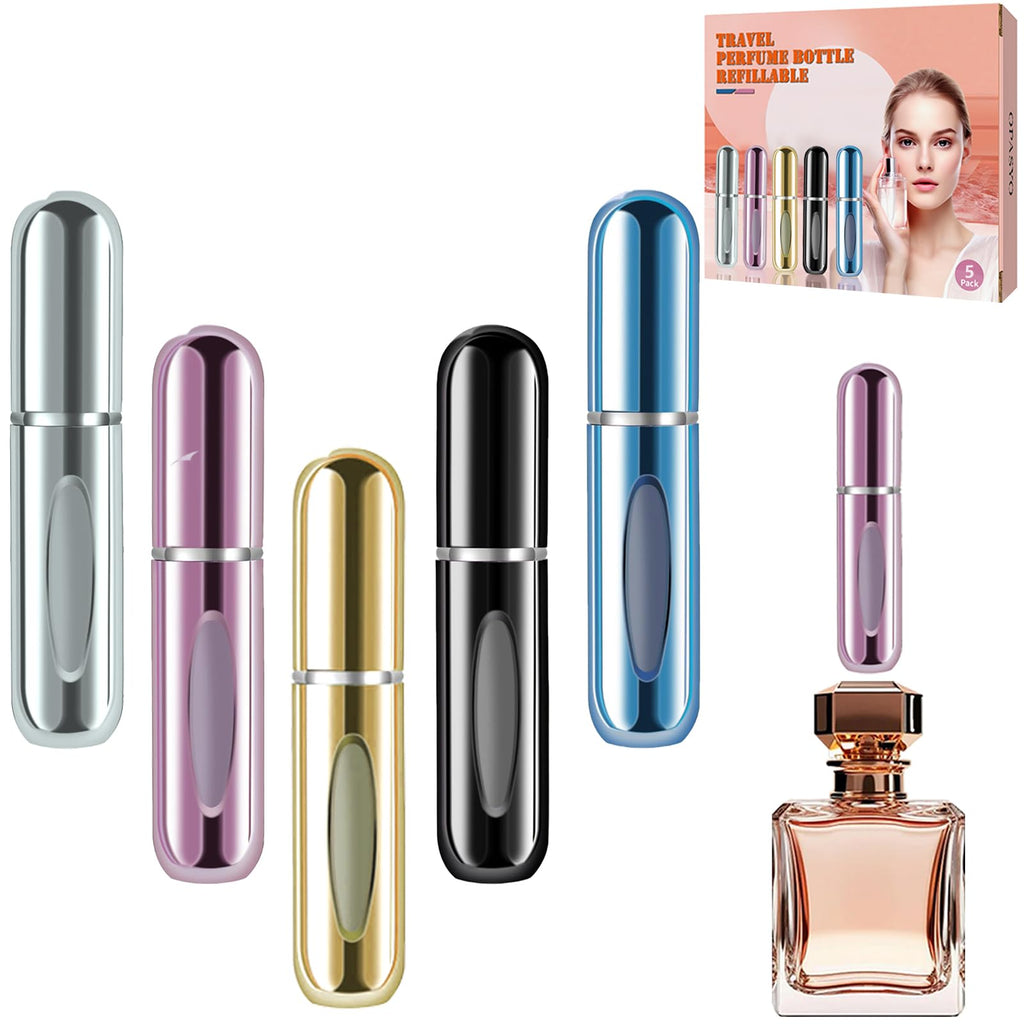 opasyo Refillable Perfume Atomizer, Leak-Proof, 5ml 4 Pack | Portable travel perfume spray bottle. Includes Gold/Pink/Blue/Black. Perfect essentials for traveling and outgoing.