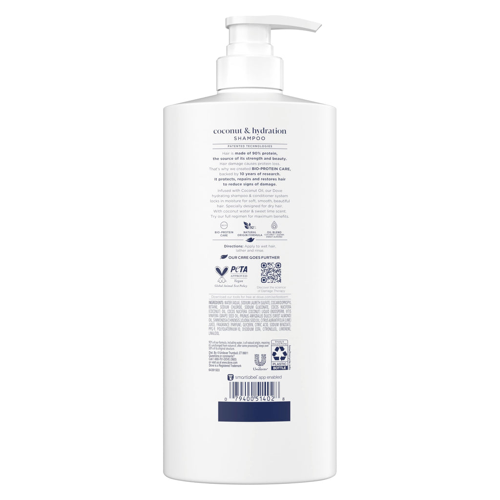 Dove Shampoo Coconut & Hydration for Dry Hair with Bio-Protein Care Technology and Coconut Oil 28 Fl Oz (Pack of 4)
