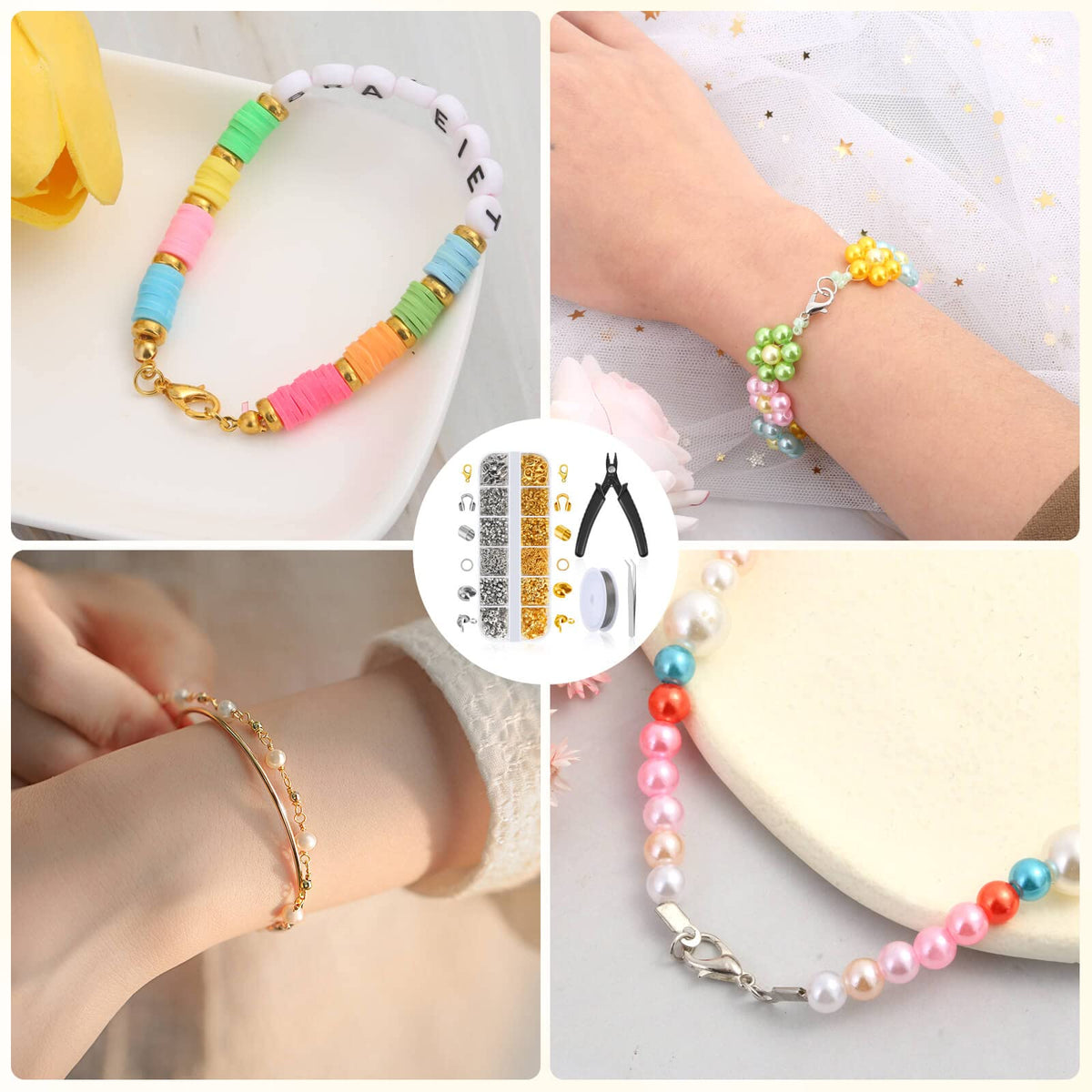 Acejoz 1203 Pcs Crimp Beads Supplies for Jewelry Making, Including Crimp Covers, Crimp Tubes and Wire Guardians, Lobster Clasps, Jump Rings, Crimping Pliers and Beading Wire for Bracelets Making