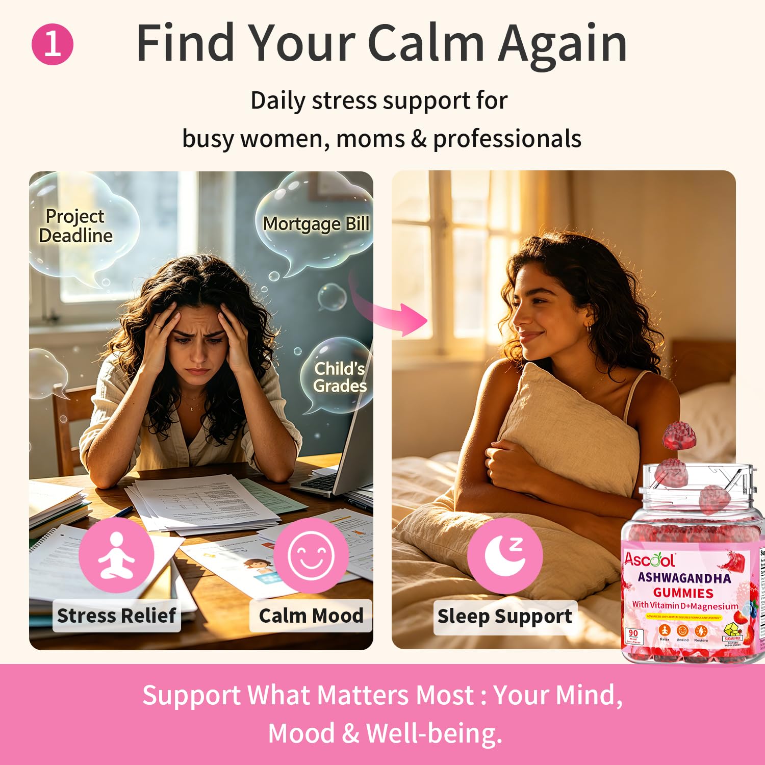 Ashwagandha Gummies for Calm &Stress Relief | With Magnesium + Vitamin D, Sugar-Free ，90 Count, Vegan, Daily Ashwa Supplements