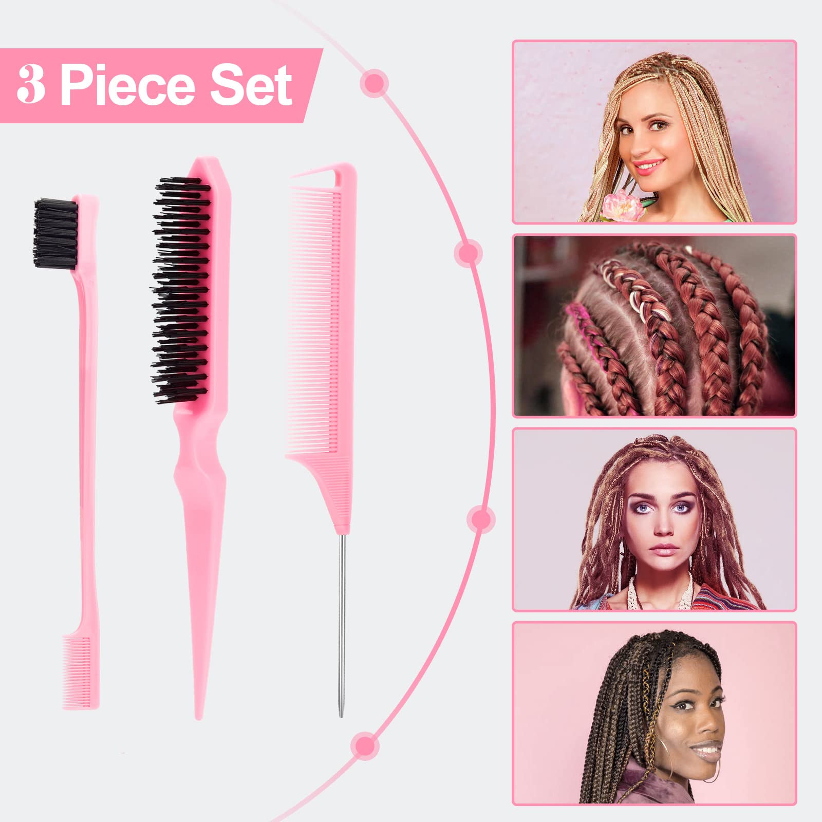 SWEET VIEW 3Pcs Slick Back Hair Brush | Rat Tail Comb, Edge | Bristle Brush, Sleek Ponytail/Bun Smoothing Baby Hair & Flyaways