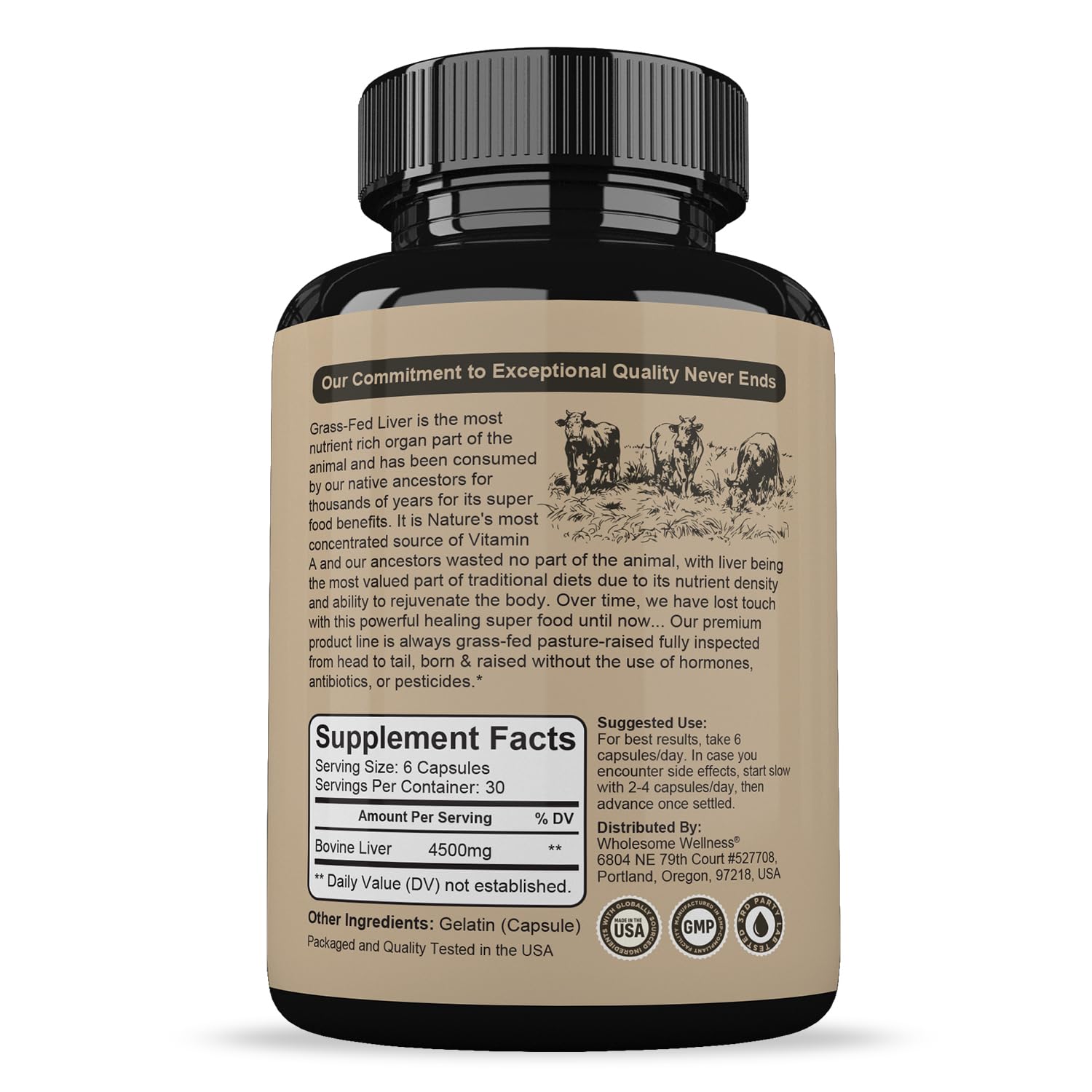 Wholesome Wellness Grass Fed Desiccated Beef Liver Capsules (180 Pills, 750mg Each) - Natural Iron, Vitamin A, B12 for Energy - Raised Undefatted in New Zealand Without Hormones or Chemicals