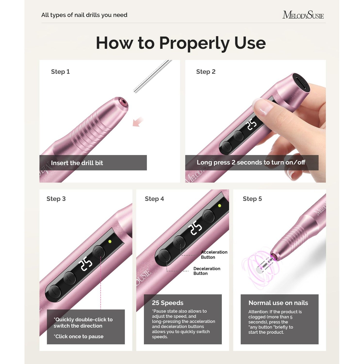 MelodySusie Pen-Shaped Portable Cordless Nail Drill,PC180G 25000RPM Rechargeable Electric File with LED Display for All Nail Care, Manicure Shaping & Acrylic Gel Removal for Nail Artists DIY at Home