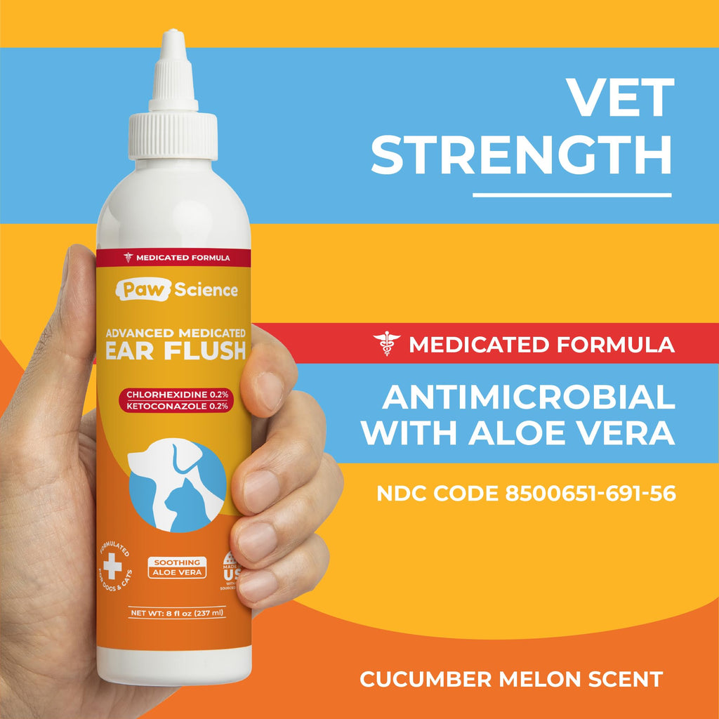 Paw Science Dog Ear Cleaner - Cat & Dog Ear Infection Treatment - Medicated Pet Ear Wash, Flush, and Cleaning Solution for Dogs and Cats - Remedy for Itchy Yeast Relief