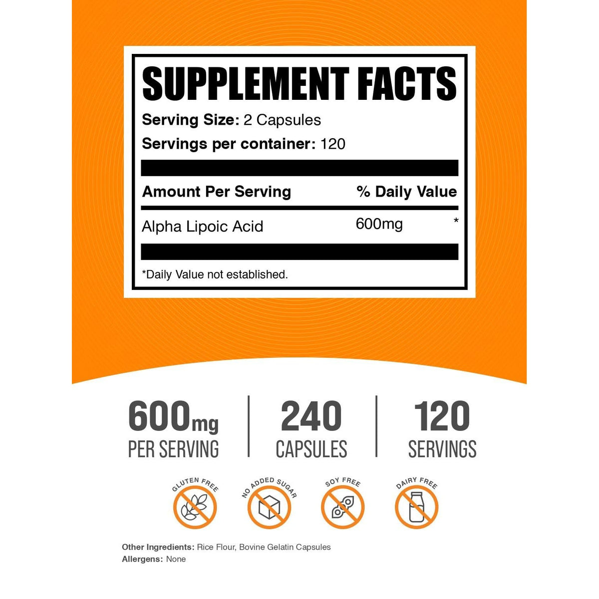 BulkSupplements.com Alpha Lipoic Acid Capsules - ALA Supplement, Alpha Lipoic Acid 600mg - Gluten Free - 240 Capsules (Pack of 1)