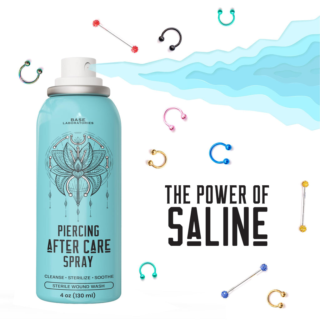 BASE LABORATORIES Piercing Aftercare Spray 4 oz, Saline Spray for Piercings | Ear Piercing Cleaner, Nose Piercing Spray, Saline Solution, Keloid Bump, Navel Care, Wound Wash, Belly Button Soak