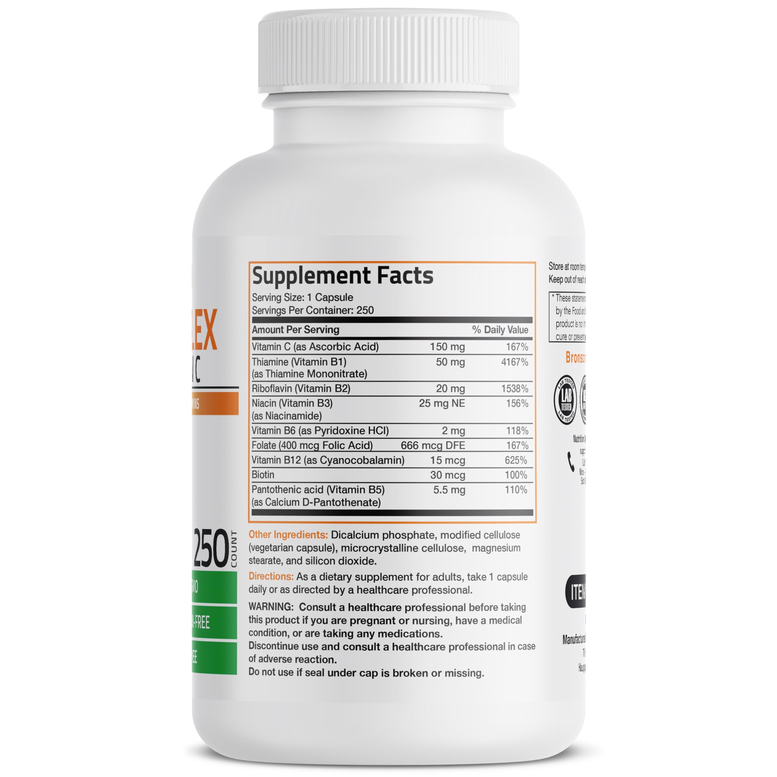 Bronson Vitamin B Complex with Vitamin C Vegetarian Capsules, 250 Count | Immune Health, Energy Support, Nervous System Support, Non-GMO, Soy-Free, Gluten-Free, Contains All B Vitamins