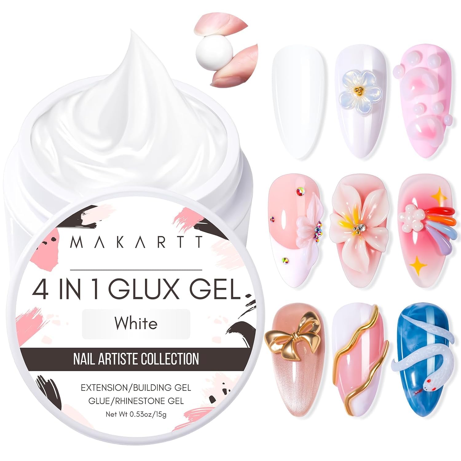 Makartt 3D Gel Nail Art, Clear Non-Sticky 4-in-1 Glux Gel | For Molding, Carving, Shaping, Raised Designs and Nail Extension, UV/LED Cure, Home DIY and Professional Nail Art, 15g