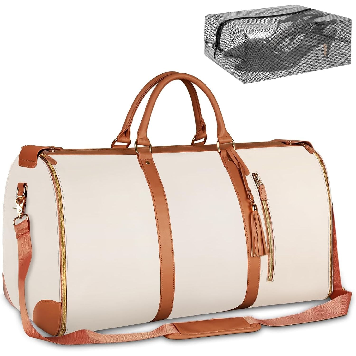 Buy now Ytonet Garment Duffle Bags for Travel, Convertible Carry On Garment Bag for Women, Large PU Leather Foldable Travel Bag with Shoe Pouch, 2 in 1 Hanging Suitcase Dress Suit Travel Bags, Pink Beige Tote at indiglob india