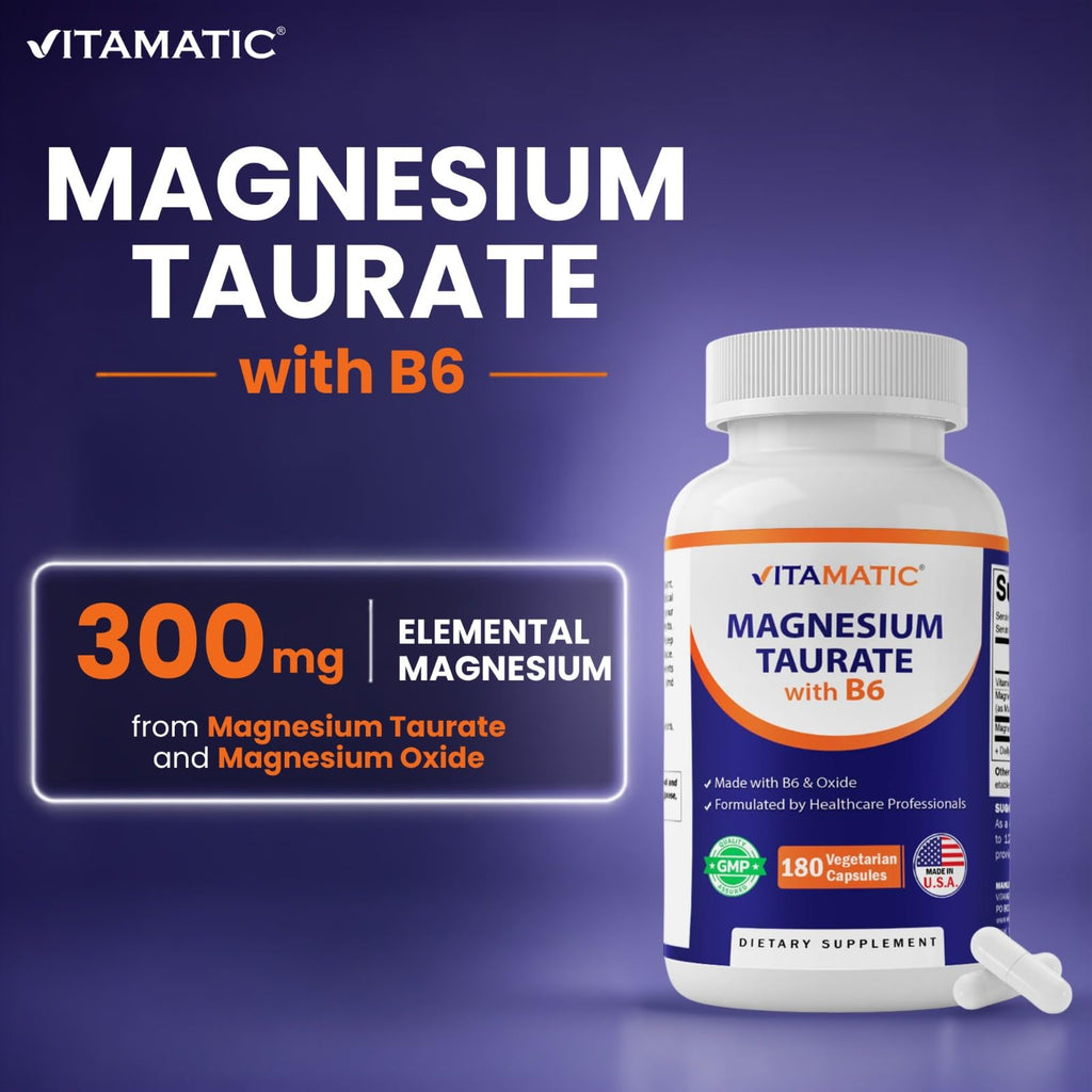 Vitamatic Magnesium Taurate 1500mg per Serving - 180 Vegetarian Capsules (Provides 300 mg of Elemental Magnesium) - Added B6 for Maximum Absorption - Supports Muscle, Joint, and Heart Health*