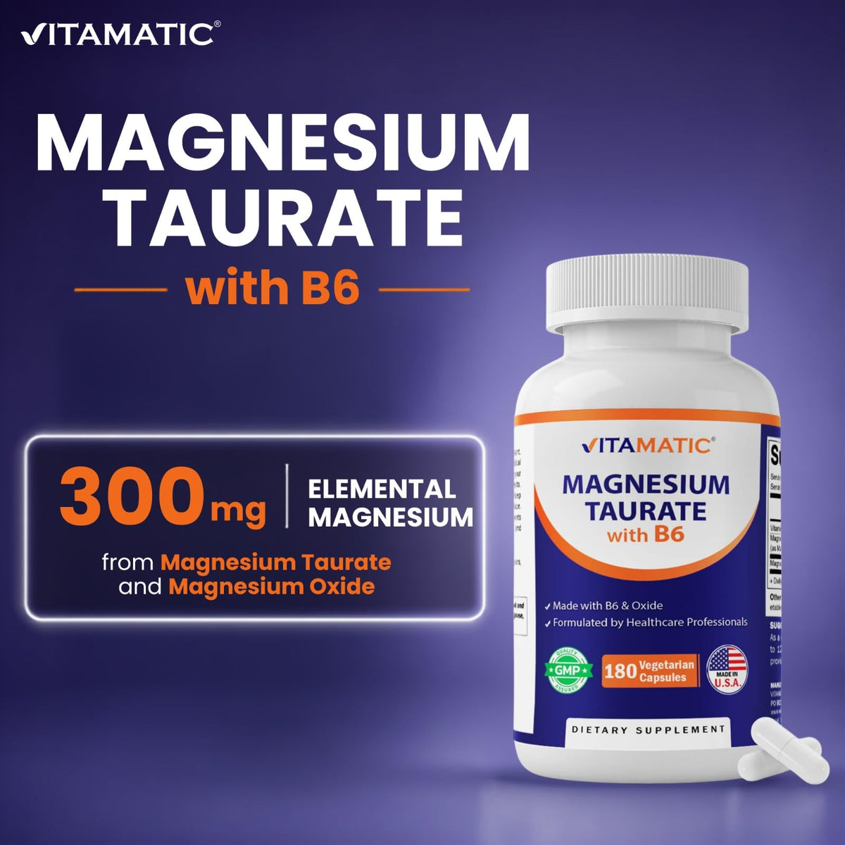 Vitamatic Magnesium Taurate 1500mg per Serving - 180 Vegetarian Capsules (Provides 300 mg of Elemental Magnesium) - Added B6 for Maximum Absorption - Supports Muscle, Joint, and Heart Health*