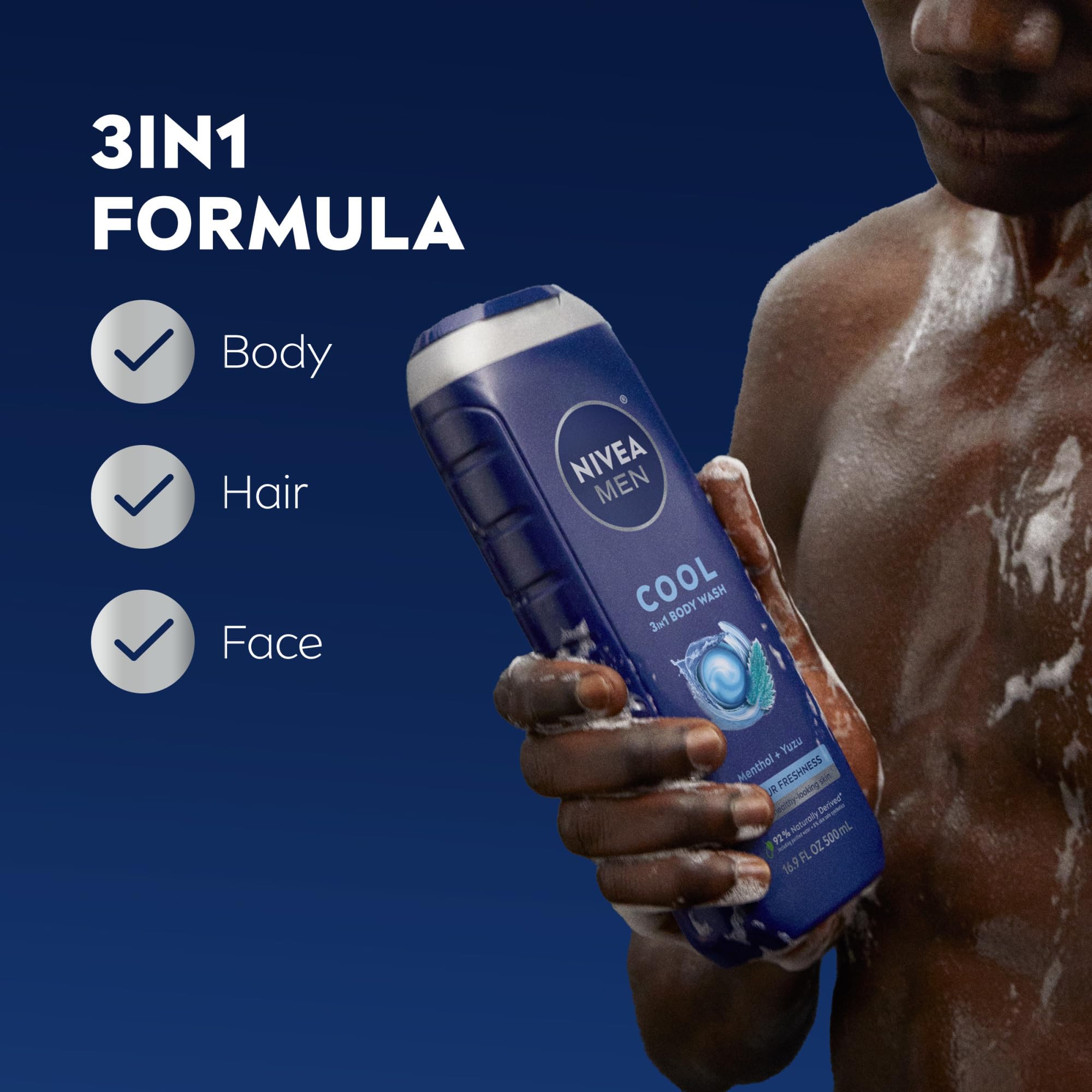 Buy now NIVEA MEN Cool Body Wash, Icy Menthol and Yuzu Scent, 3-in-1 Men's Body Wash, Face and Hair, Paraben Free, pH-Skin Friendly, 16.9 Fl Oz Bottle, Pack of 3 at indiglob india