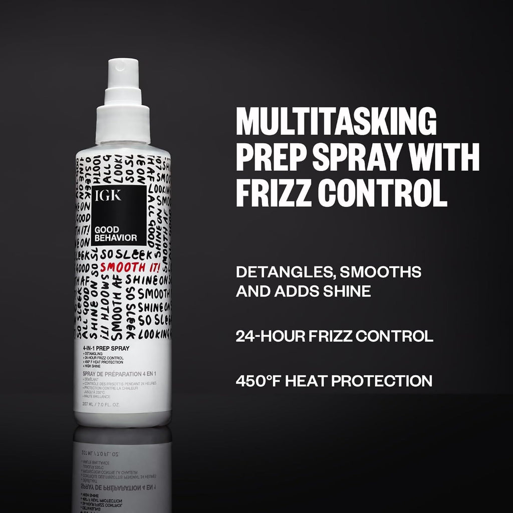 IGK Good Behavior 4-in-1 Prep Spray, Heat Protectant, Leave-In Detangler | Controls Frizz 24 Hours, Heat Protection + Shine, Weightless, Vegan, Full + Travel 7 Oz + 2 Oz