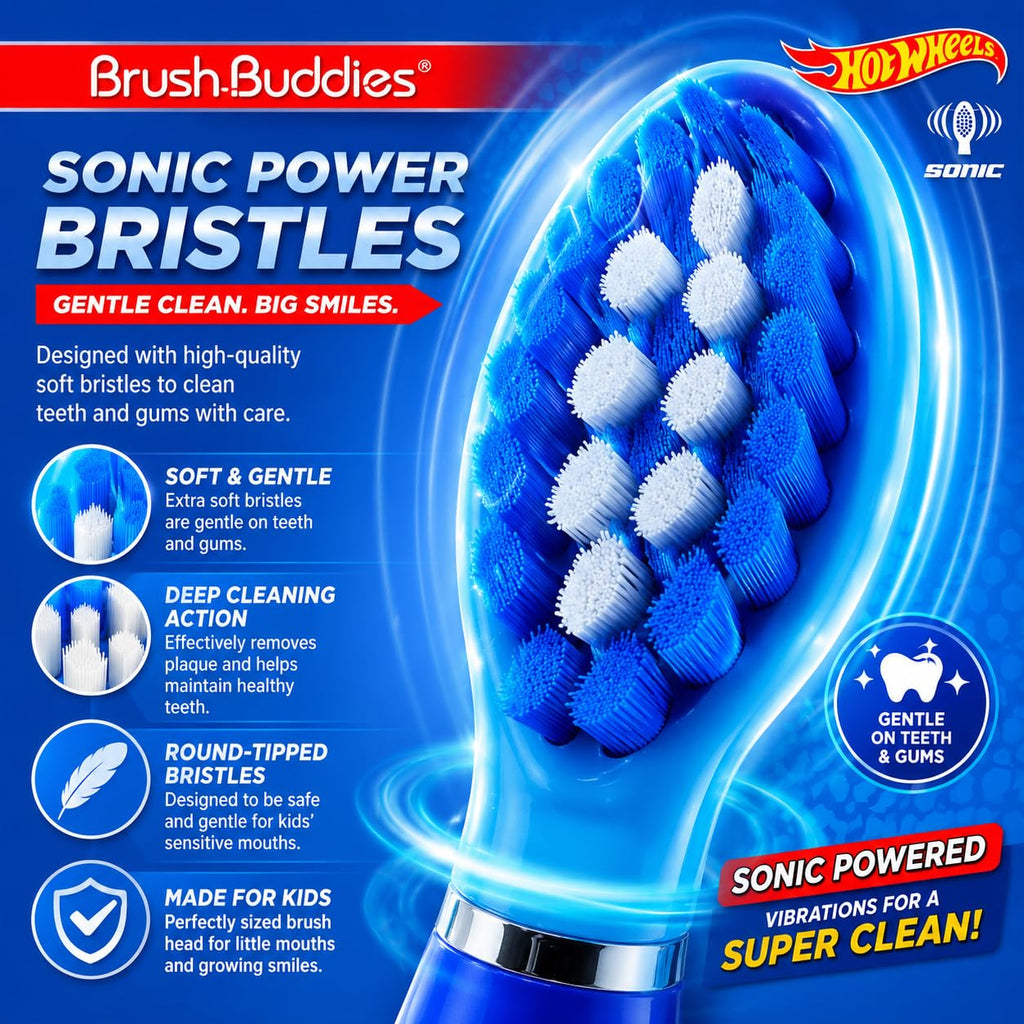 Brush Buddies Hot Wheels Battery Powered Sonic Electric Kids Toothbrush Soft Bristles Rounded Head Children Boys Girls Blue Gentle Cleaning Easy Grip Handle Plaque Removal Oral Care