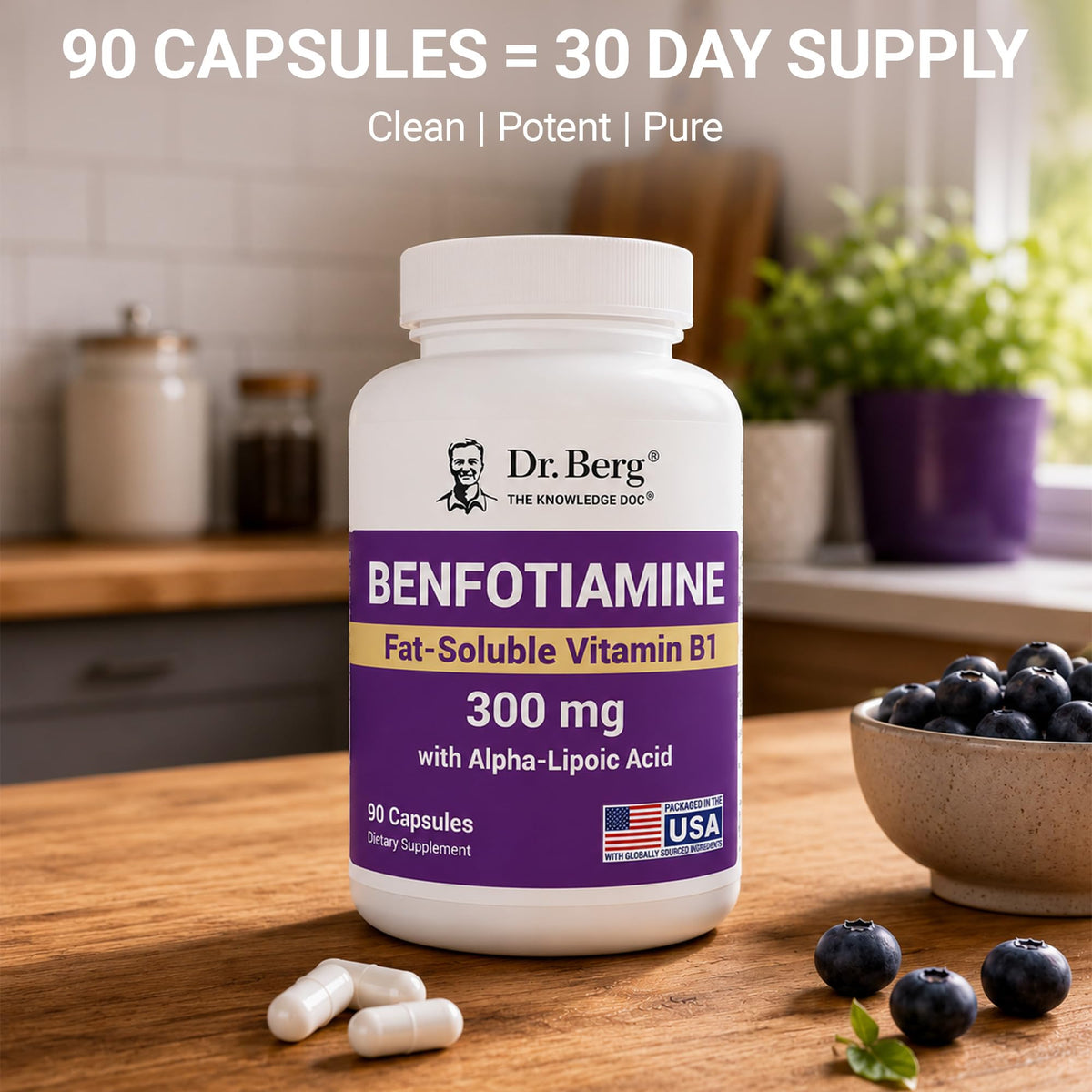 Dr. Berg Vitamin B1 Benfotiamine 300mg | 8-in-1 Nerve Support | 90 Capsules