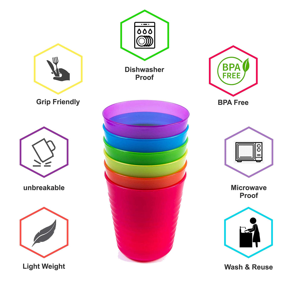 Kids Plastic Dinnerware Set of 6 Multi Color Cups/Tumblers - Reusable, BPA-Free, Dishwasher Safe and Microwaveable
