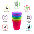 Kids Plastic Dinnerware Set of 6 Multi Color Cups/Tumblers - Reusable, BPA-Free, Dishwasher Safe and Microwaveable