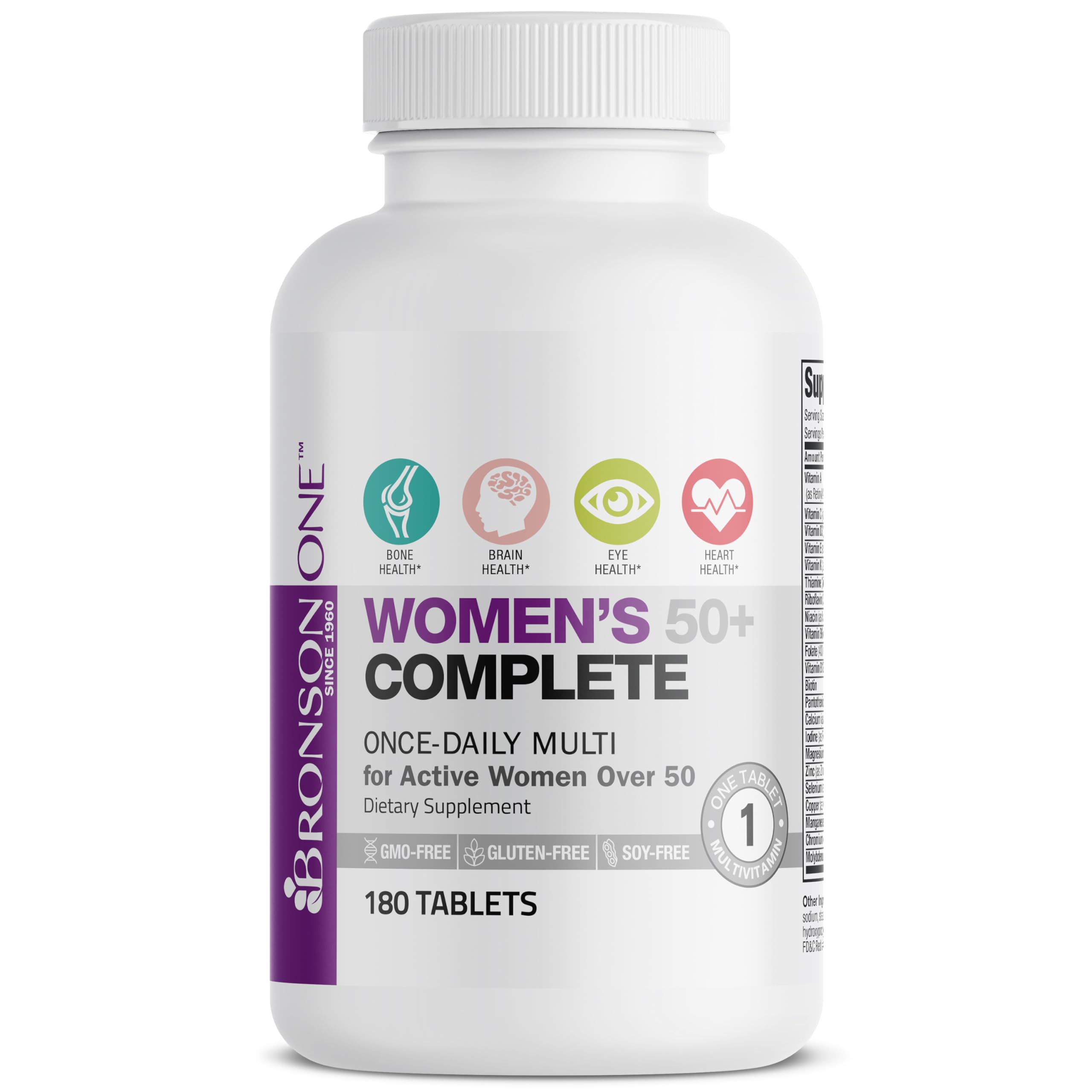 Bronson ONE Daily Women 50+ Complete Multivitamin Multimineral, 180 Tablets | Once-Daily, Targeted Nutrition For Active Women Over 50, Non-GMO, Gluten-Free, Soy-Free