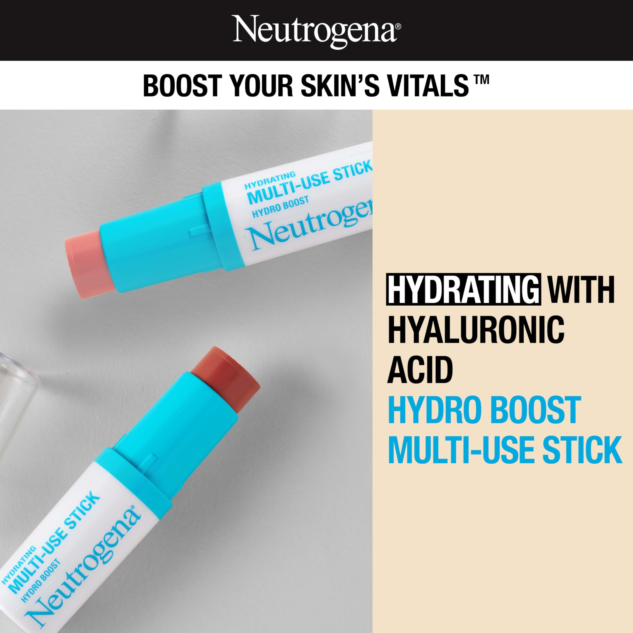 Buy now Neutrogena Hydro Boost Hydrating Multi-Use Makeup Stick with Hyaluronic Acid, Gentle Multi-Use Colored Makeup Balm to Brighten Lips, Cheeks & Eyes, Non-Comedogenic, Soft Pink, 0.26 oz at indiglob india