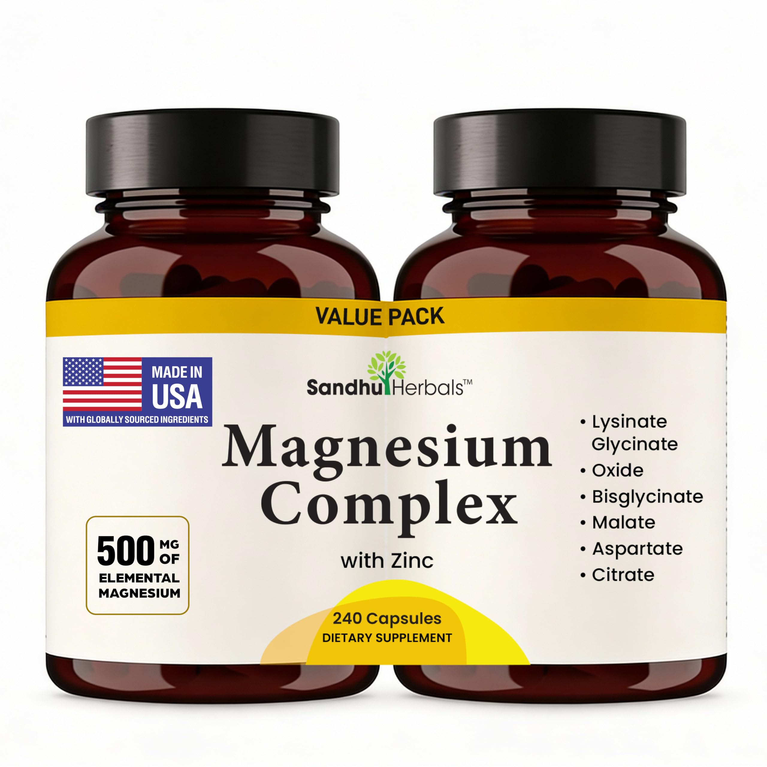 Complete Magnesium Complex 500mg for Women & Men 6-in-1 with Zinc 120 Ct | 3rd Party Tested Active Supplement with Mag Glycinate For Good Sleep, Relaxation & Energy, Made in USA By Sandhu Herbals