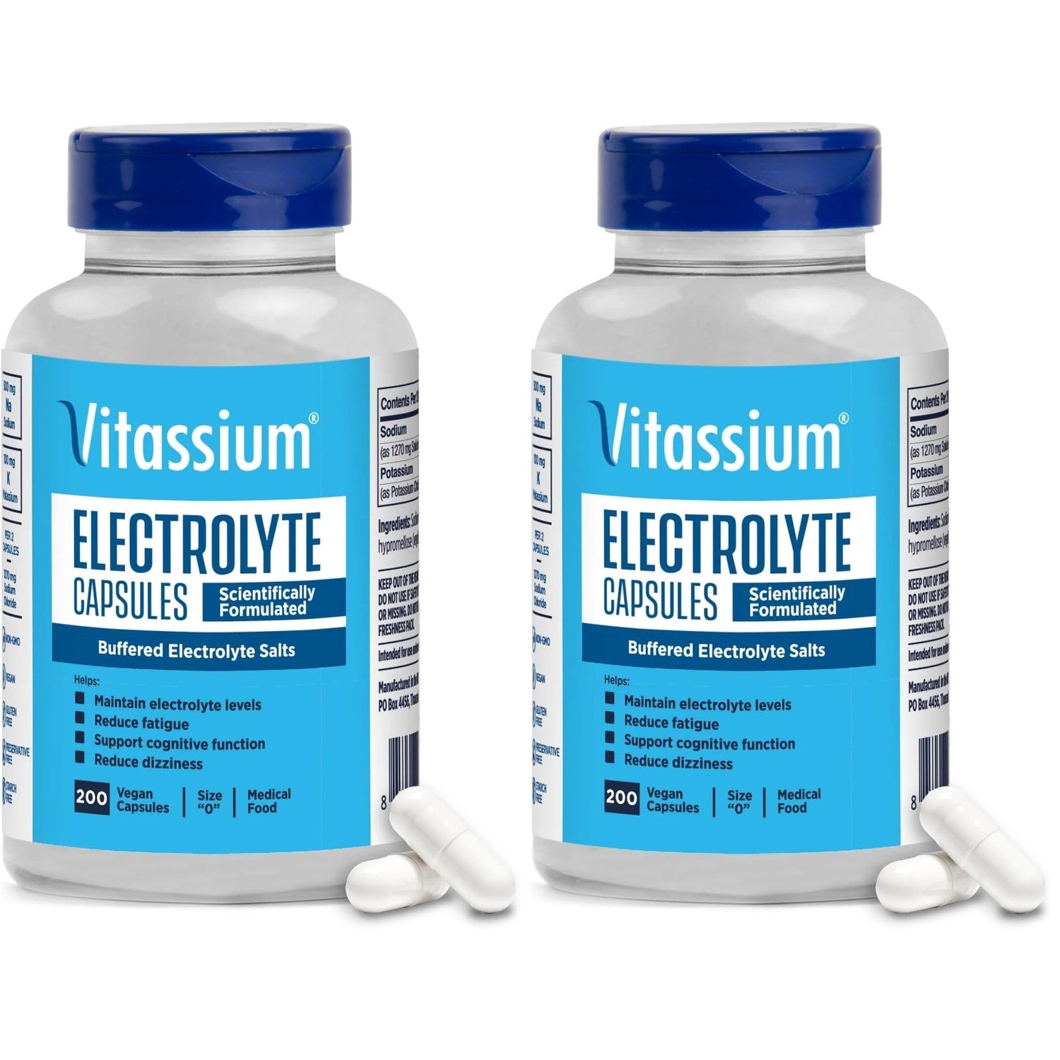 Vitassium Electrolytes Salt Pills for POTS Scientifically Formulated 100ct | Made for POTS & high sodium diets. Developed with patients, doctors and caregivers. 500mg sodium per 2-capsule serving.