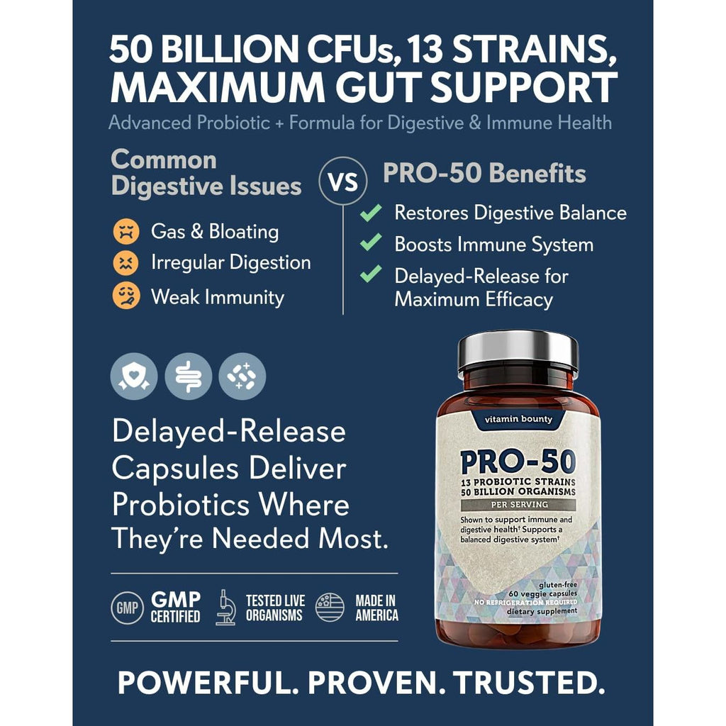 Buy now Vitamin Bounty Pro-50 Probiotics 50 Billion CFU for Women & Men - 13 Multi Strain Probiotic + Prebiotic - Digestive Health Supplements for Gut Health Support - Delayed Release Capsules for Men & Women at indiglob india
