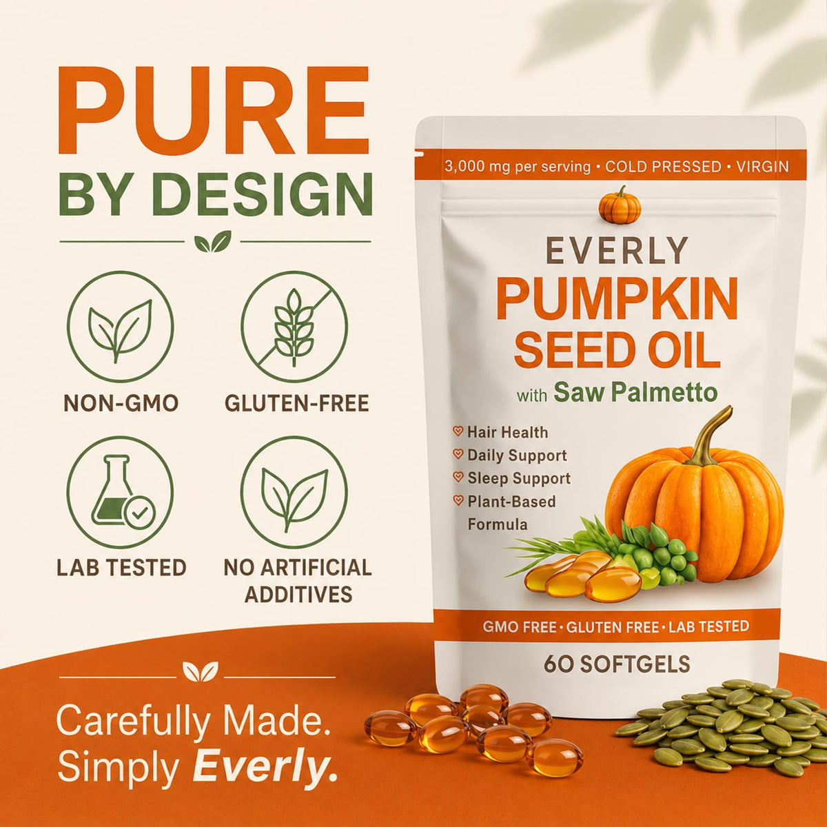 Everly Pumpkin Seed Oil with Saw Palmetto, Cold-Pressed Virgin 60 Softgels