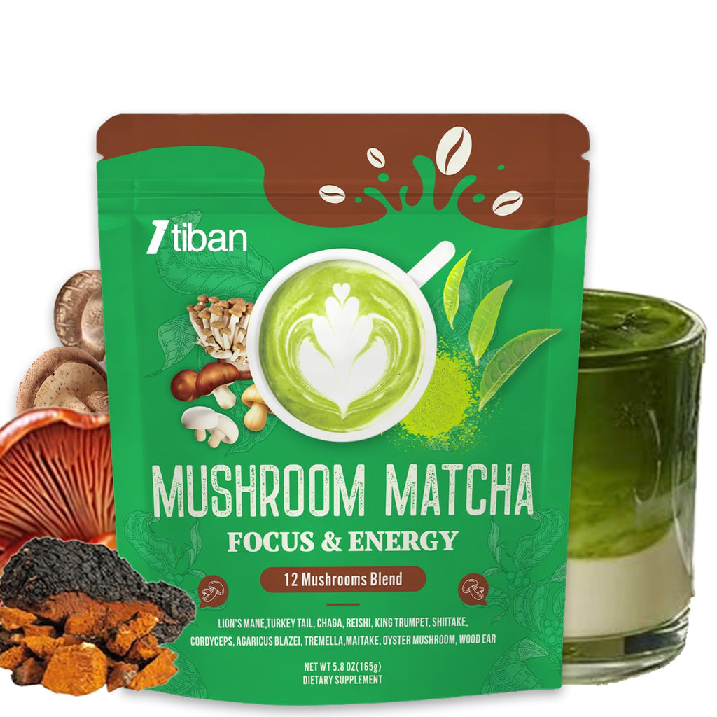 Mushroom Matcha with 12 Mushrooms with Lion's Mane, Chaga and Probiotics, Ceremonial Grade Matcha Powder for Focus, Digestion & Immunity - 30 Servings
