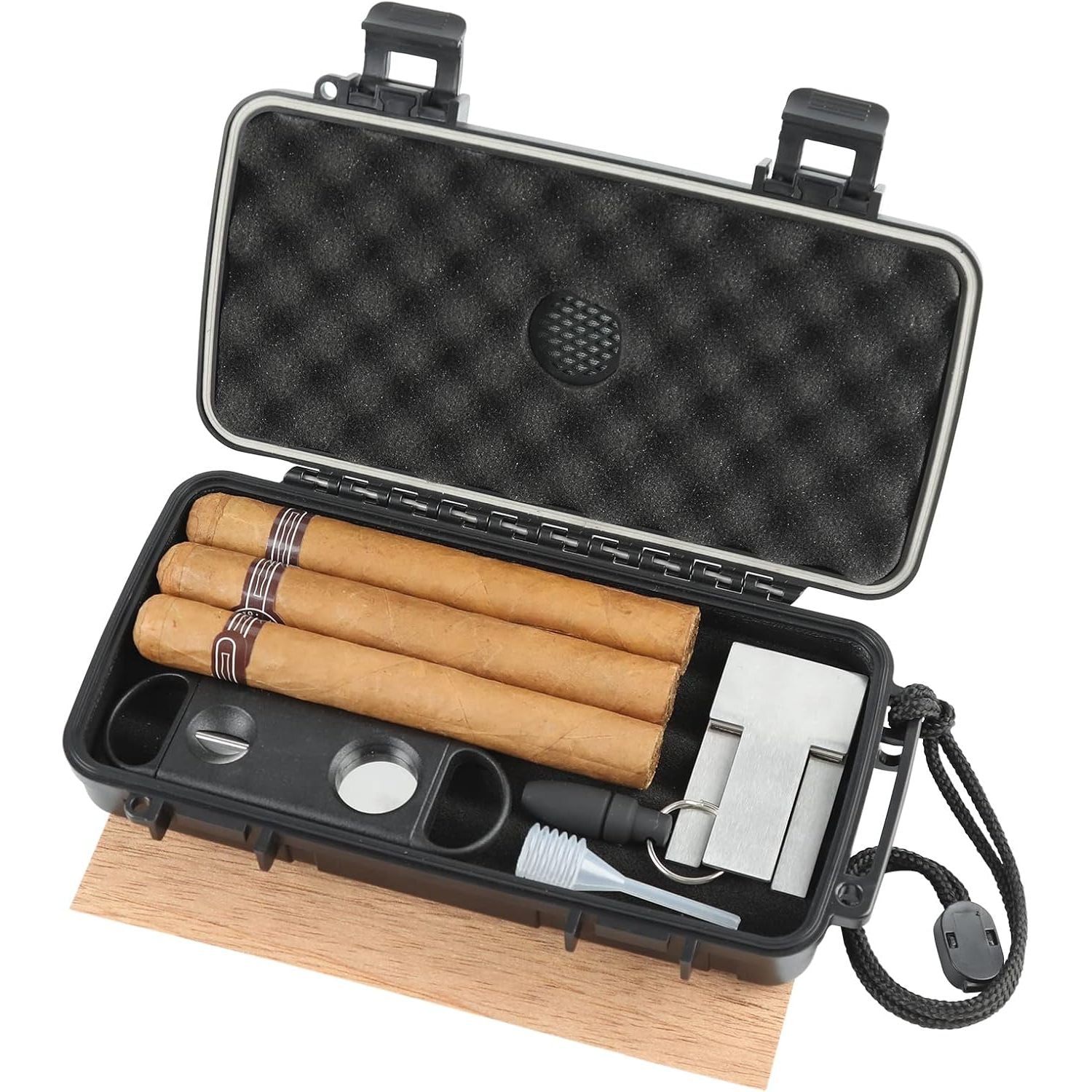 Buy now Travel Humidor Box With Cigar Accessories - Spanish Cedar, Humidifier, Cutter, Stand, Punch - Holds 4-5 Cigars - Waterproof, Crushproof, Airtight Seal at indiglob india