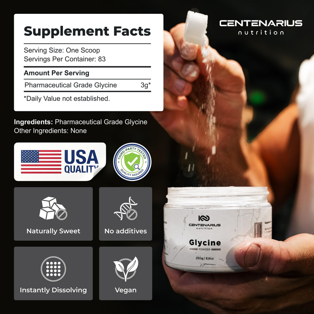 Premium Glycine Powder 250g | Amino Acids Supplement for Post Workout Muscle Recovery, Digestion, Sleep Aid + More - Vegan, Additive-Free, Third-Party Tested | Centenarius Nutrition