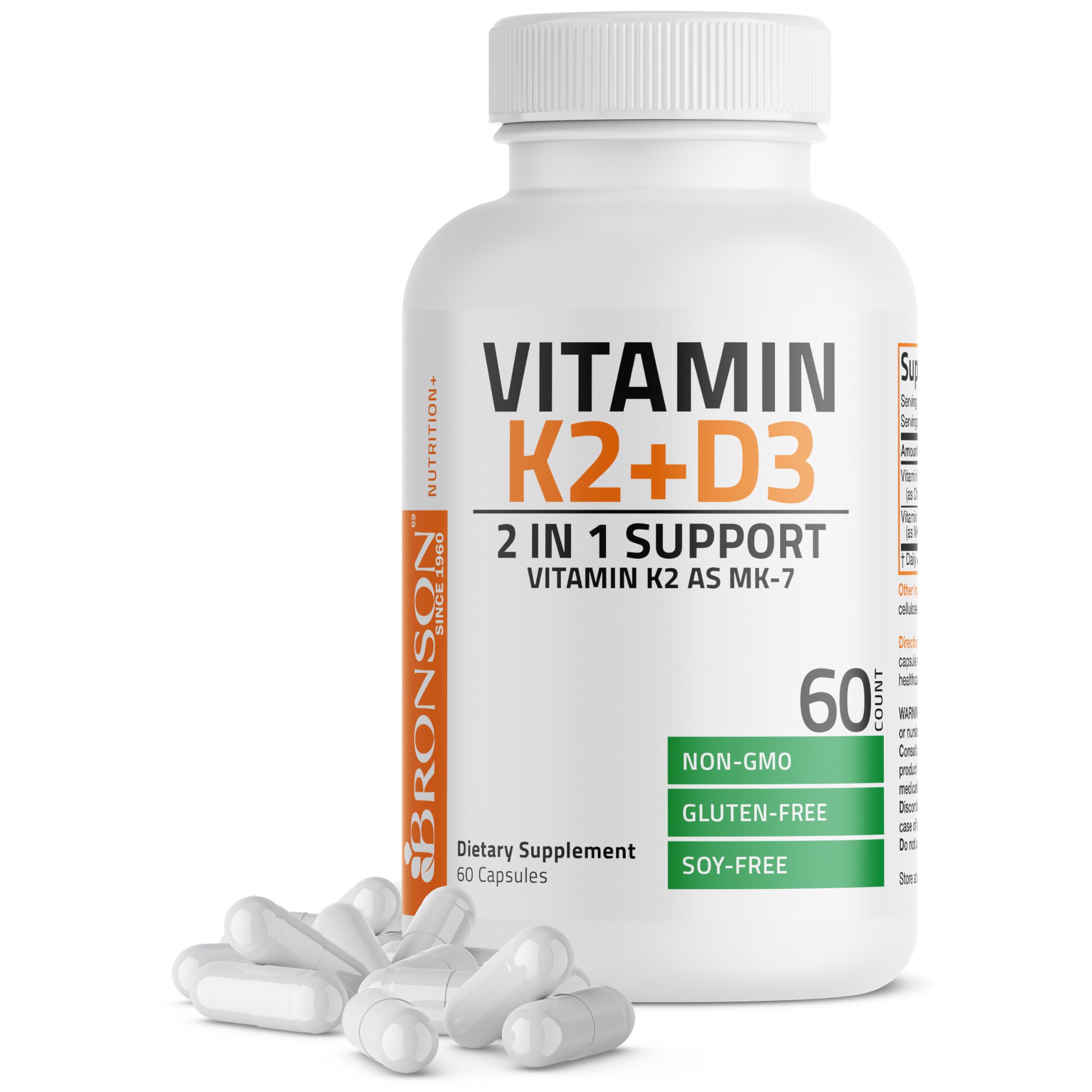 Bronson Vitamin K2 D3 (MK7) Supplement 2-in1 D3 & K2 Complex, 60 Capsules | Bone, Immune & Heart Health Support, Gluten Free, Soy Free, Non-GMO, Vitamin D3 5000IU (125 mcg) & 90 mcg K2 MK-7