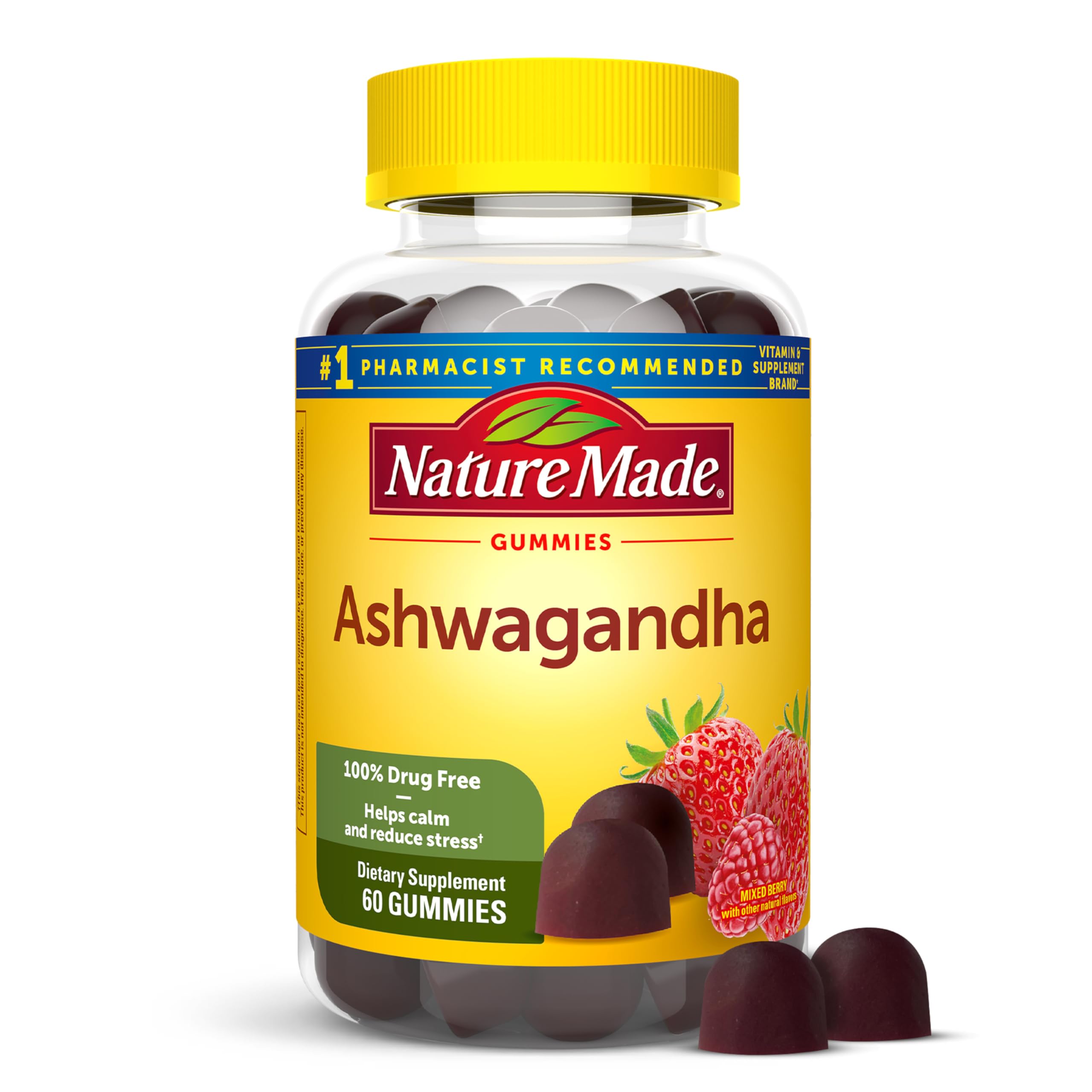 Nature Made Ashwagandha Gummies, 60 Vegan Gummies | KSM 66 Ashwagandha Supplement for Stress Support, 100% Drug Free, Gluten Free, Mixed Berry Flavor, 30 Day Supply
