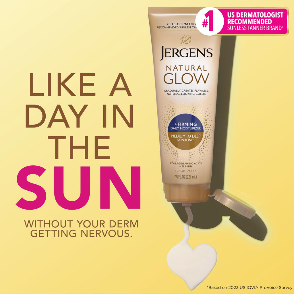 Jergens Natural Glow + Firming Daily Moisturizer Medium to Tan Skin Tones 7.5oz | Gradual Sunless Tanner, Collagen and Elastin, Firms Skin, Reduces Cellulite, Daily Moisturizer, Medium to Deep Skin Tone