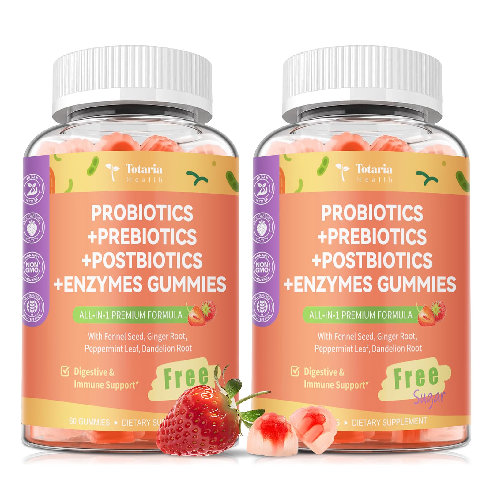 Totaria Sugar Free 5-in-1 Probiotic Prebiotic Postbiotic Gummy, 36 Strains Probiotics for Women Men with Fiber, Digestive Enzymes, Peppermint, Complete Immune, Gut & Digestive Support, Vegan, 60 Ct