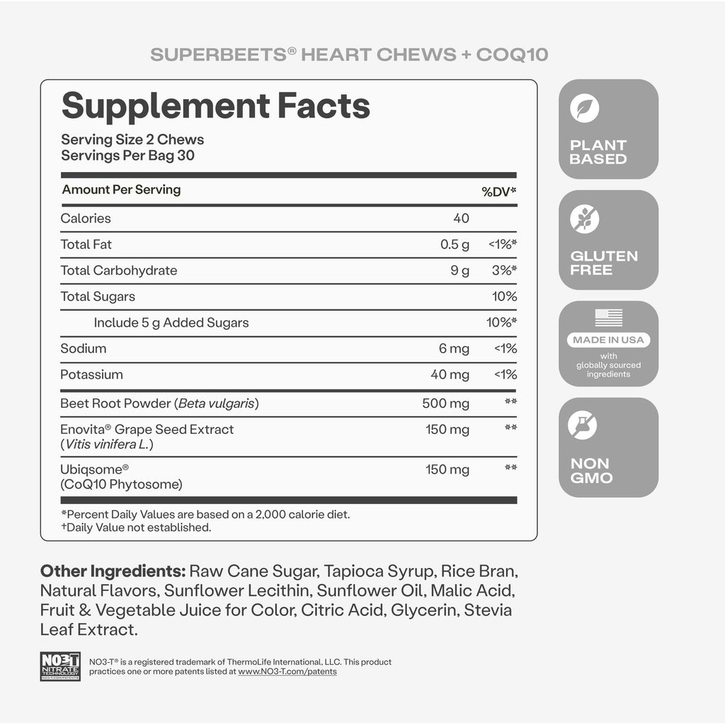 HumanN SuperBeets 3-in-1 Heart Chews + 3X Absorption 150mg CoQ10, 60 Ct | Blood Pressure Support, Nitric Oxide Support & Cellular Energy, Non-GMO Beetroot, Grape Seed Extract, Once Daily, Made in USA